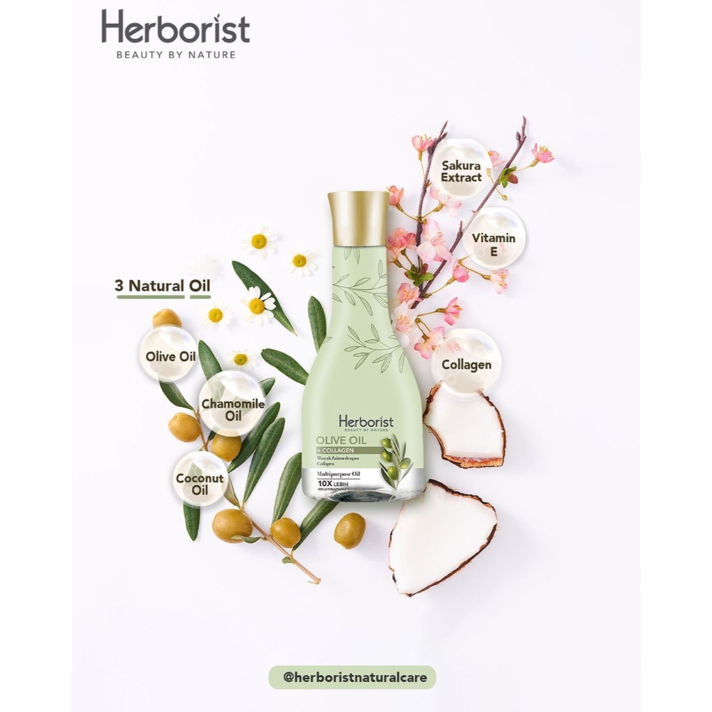 HERBORIST Olive Oil + Collagen Indonesia / 75ml 150ml / Minyak Zaitun Dengan Collagen / Multipurpose Oil 10X Lebih Melembabkan / Massage Oil Lavender Jasmine Greentea Frangipani Lemongrass / Skincare Body Care Perawatan Tubuh Lulur Bali Tradisional Lotion