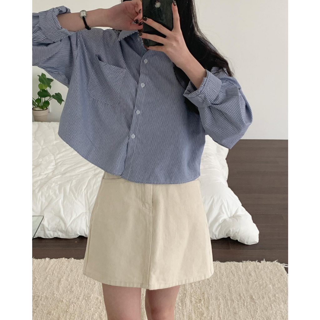 XIAOZHAINV Kemeja Bergaris Casual Longgar Lengan Panjang Wanita Korean Style 0771