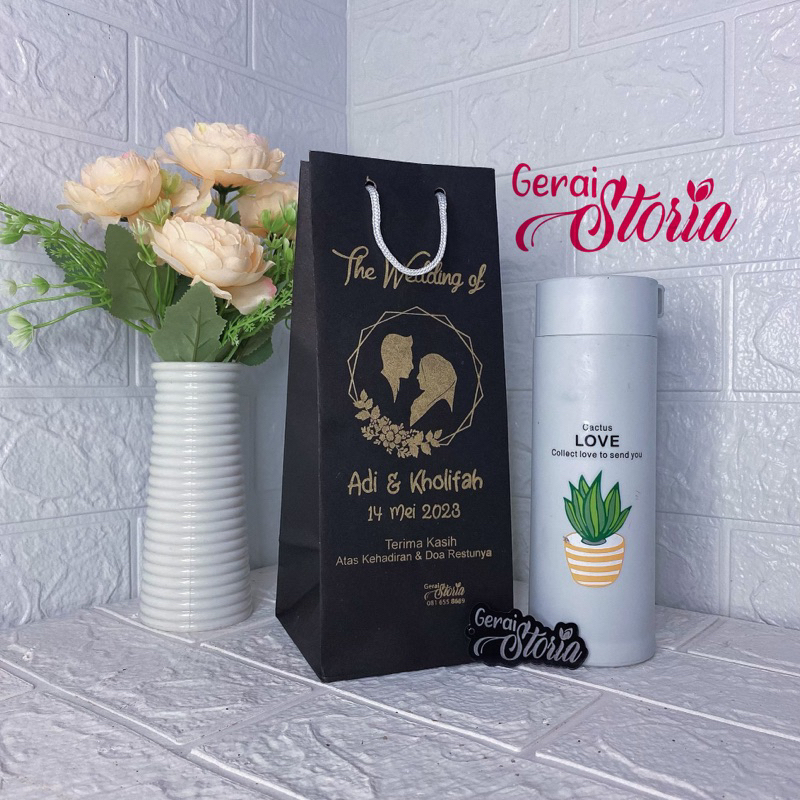 Paperbag botol HITAM sablon emas / paper bag custom