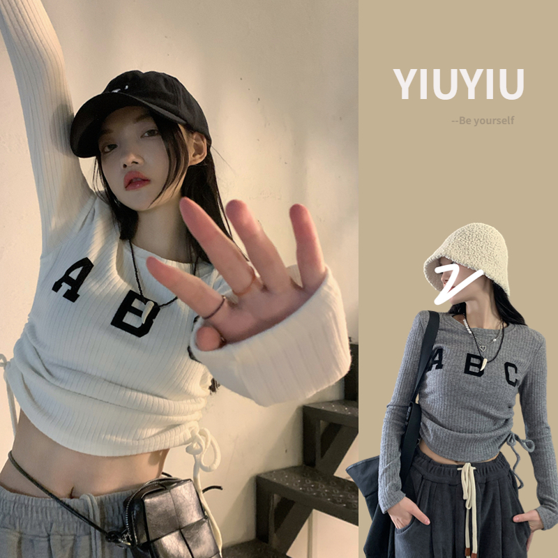 YIU YIU Rajut - Korean Kaos Crop Top Wanita Y2k Top Kaos Lengan Panjang Wanita