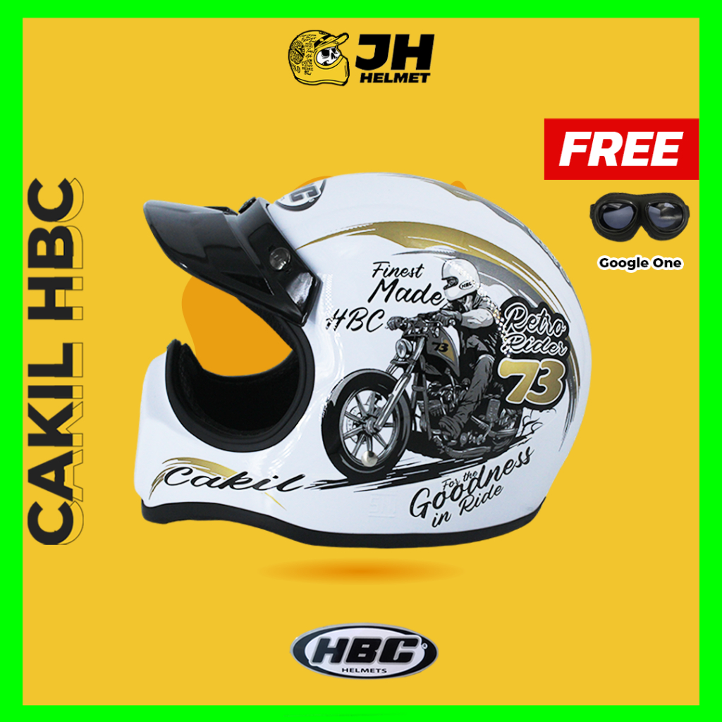 Helm Cakil HBC 73 White + FREE GOGGLE | Original 100% | HBC Cakil | Helm Retro | Helm Full Face | He