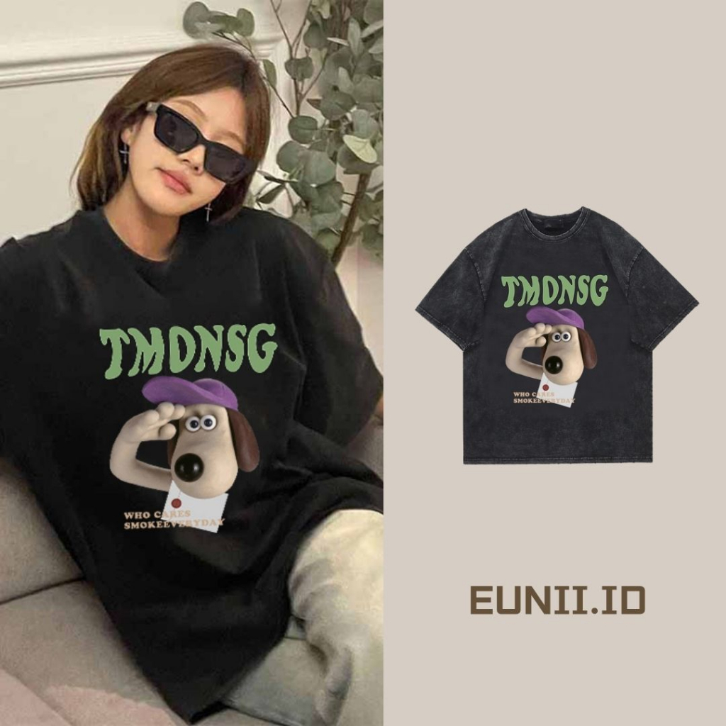 EUNII T-shirt Lengan Pendek Black Washed Cute Salute Dog Printing Korean Style/Kaos Atasan Wanita/Baju Wanita/Kaos Wanita