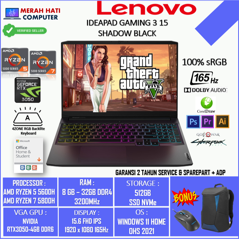 LAPTOP GAMING SRGB LENOVO IDEAPAD GAMING 3 15 AMD RYZEN 5/7 5600H-5800H 32GB 512GB RTX3050-4GB FHD IPS 165HZ 100SRGB 4ZRGB WIN11HOME + OHS SHADOW BLACK ORIGINAL TERMURAH BERKUALITAS