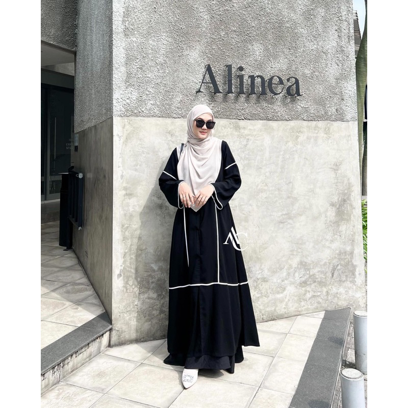 Abaya Hitam Turkey Saudi Outer Inner 2in1 Bahan Jetblack Kombinasi Wolfis List Putih 887