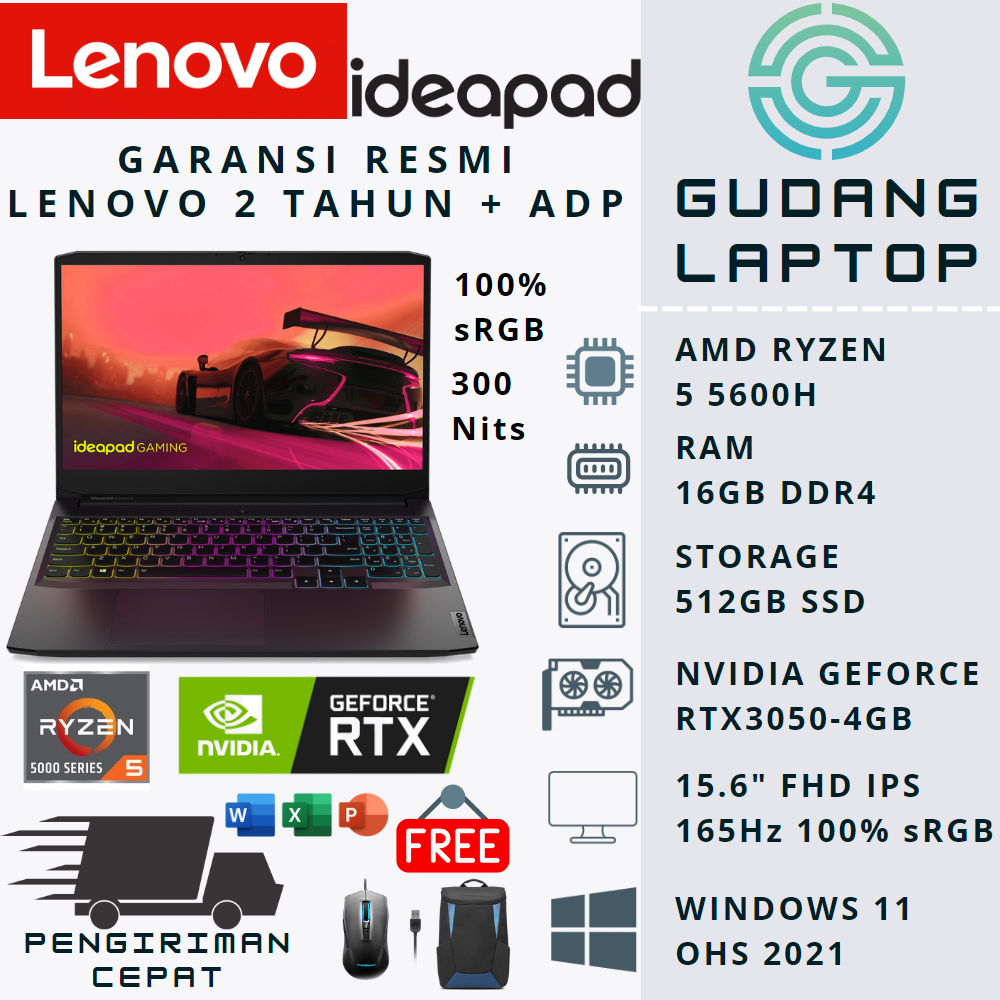 LAPTOP GAMING LENOVO IDEAPAD GAMING 3 15ACH6 RTX3050 RYZEN 5 5600H 16GB 512GB 165Hz sRGB W11