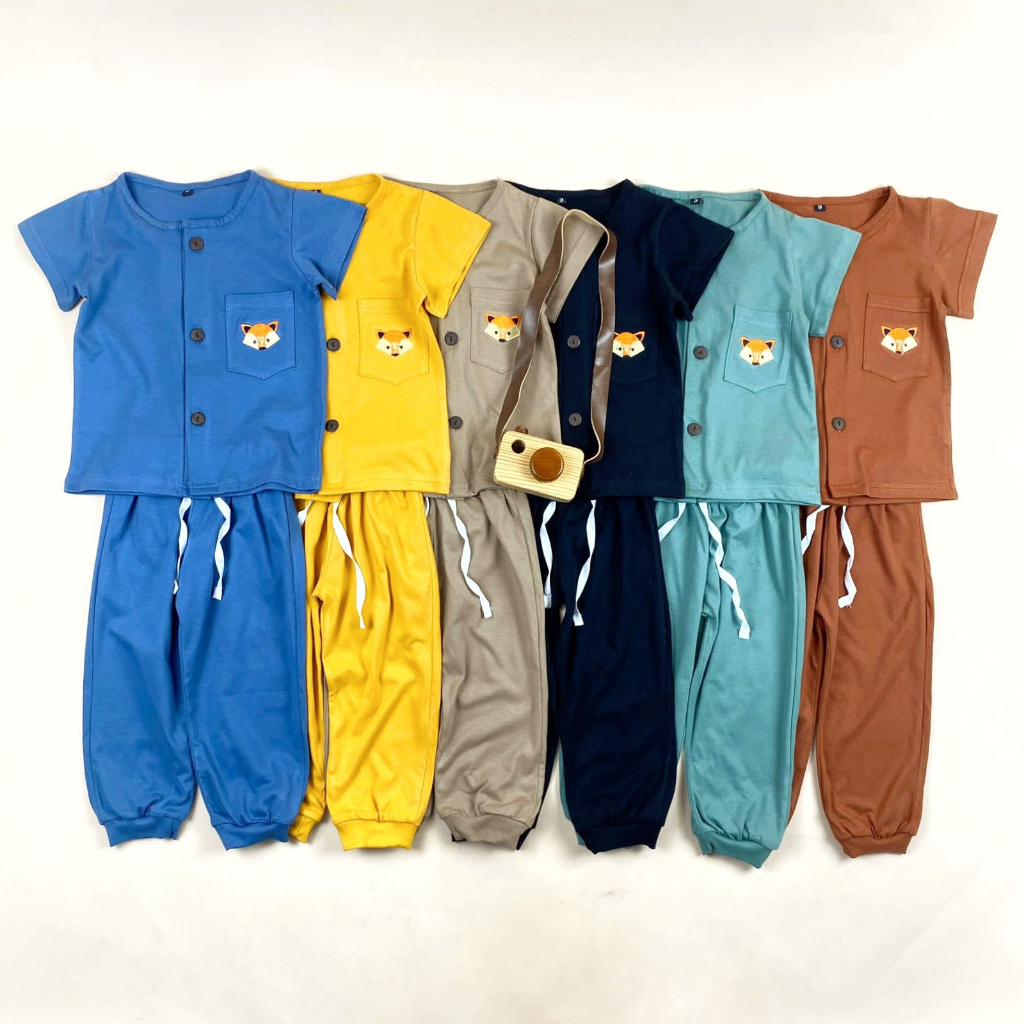 PAJAMAS BUTTON POCKET BORDIR BAJU PENDEK CELANA PANJANG SETELAN BAJU TIDUR ANAK 1-5 TAHUN PNP