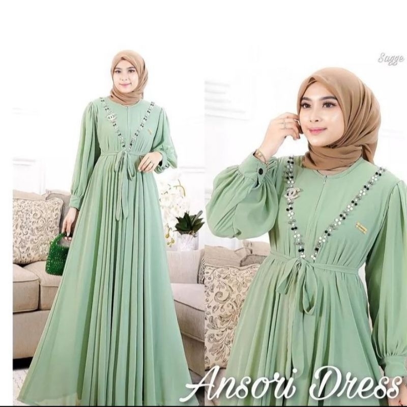ansori dress aplikasi mutiara baju kondangan termurah gamis jumbo wanita terbaru bahan ceruty babydo