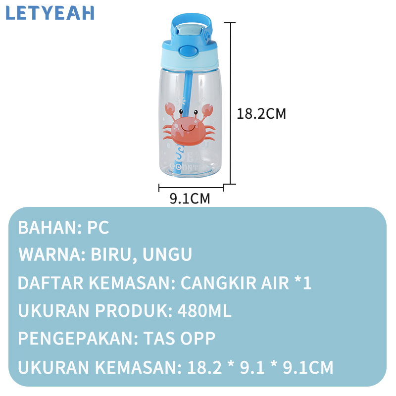 letyeah Botol air minum sedotan anak anti bocor /480ml tempat minum/Bpa free