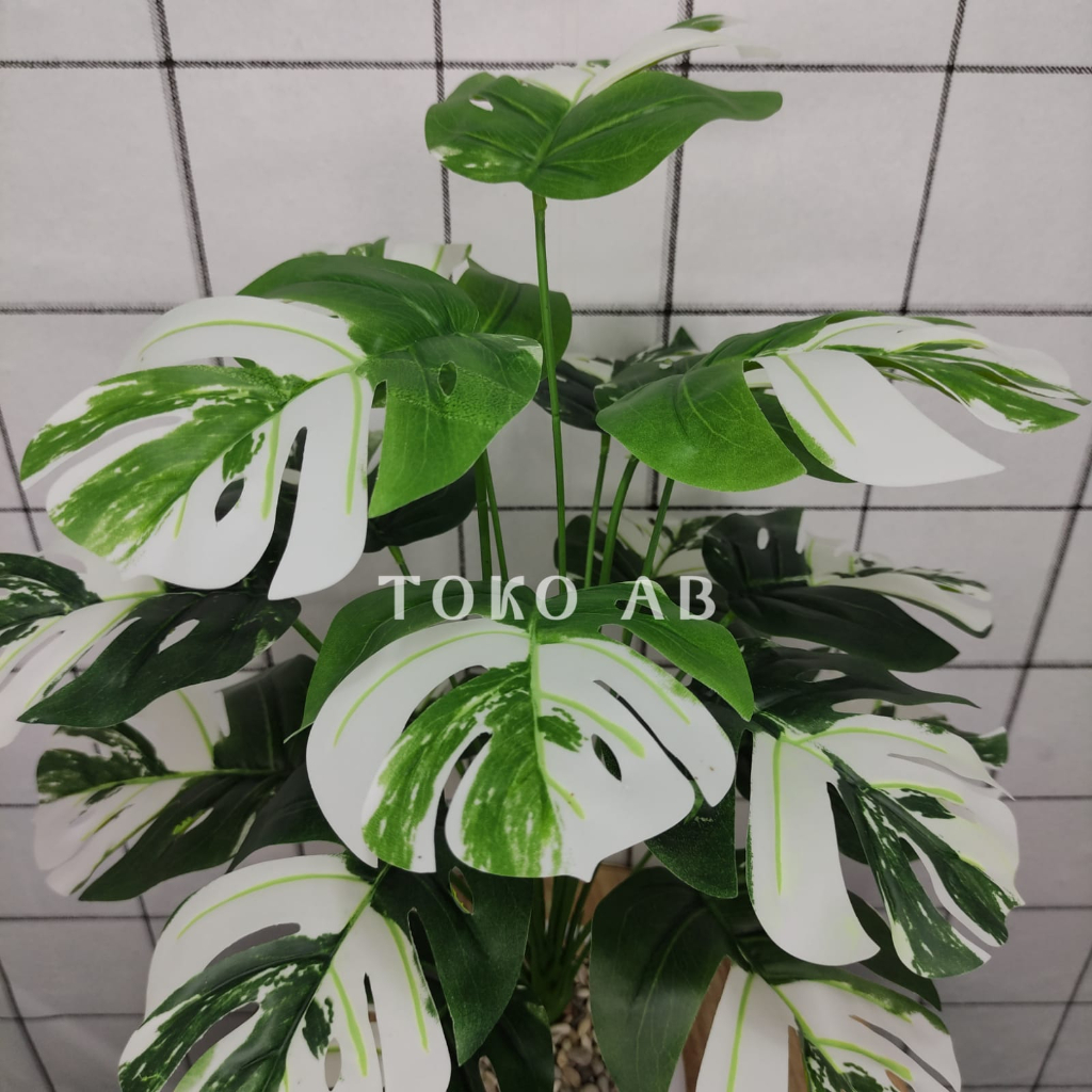 B8123 BUNGA PLASTIK MONSTERA VARIEGATA KECIL D18T48 TANAMAN ARTIFICIAL DEKORASI RUMAH DAUN MONSTERA VARIGATA