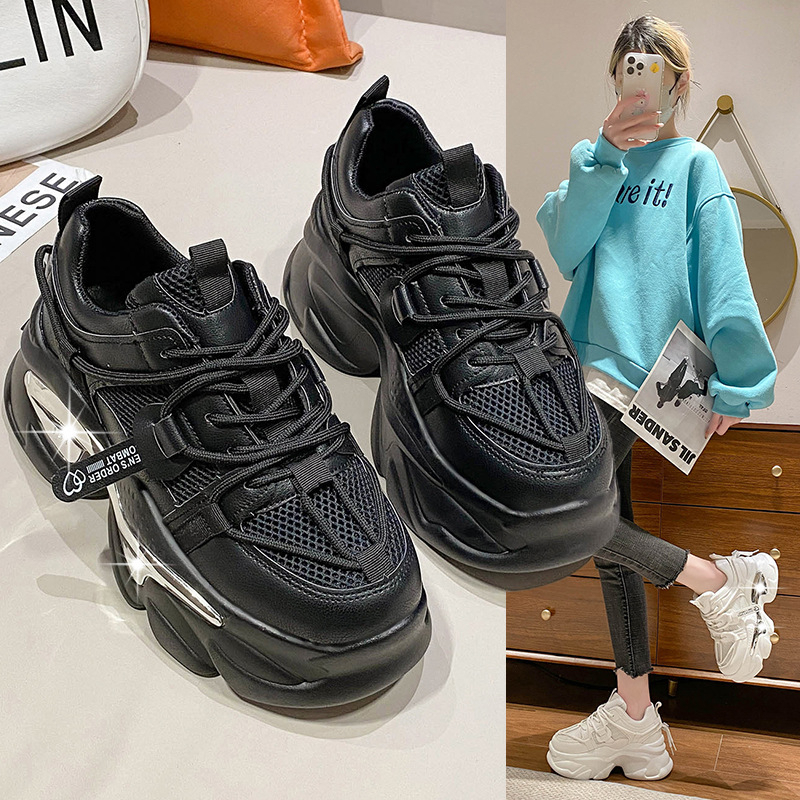 ✅PINKEY P242 Sepatu Sneakers Boots Tinggi Wanita Sneakers Shoes Hak Tebal Black White