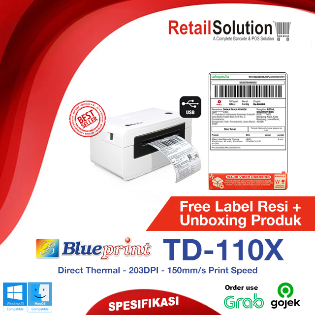 Printer Barcode Label Thermal USB - Blueprint TD110X / TD-110X