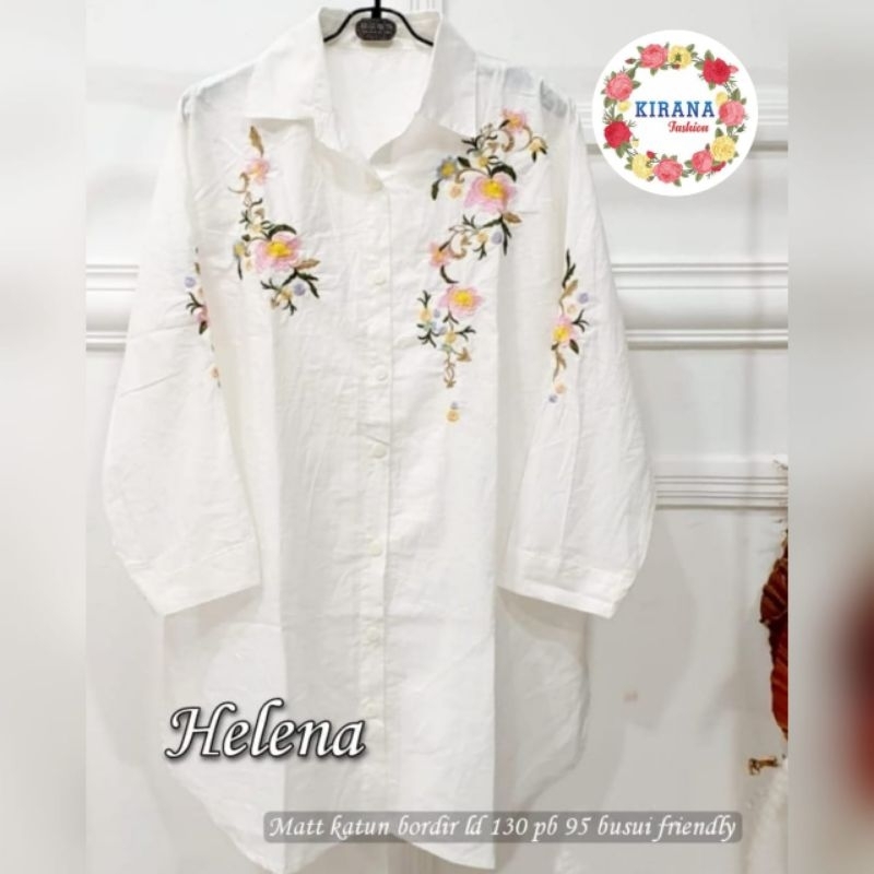 Helena Kemeja Tunik Balon White Putih Polos Katun Import Bordir Bunga Ld 130 Jumbo Fit XXXLBy Kirana