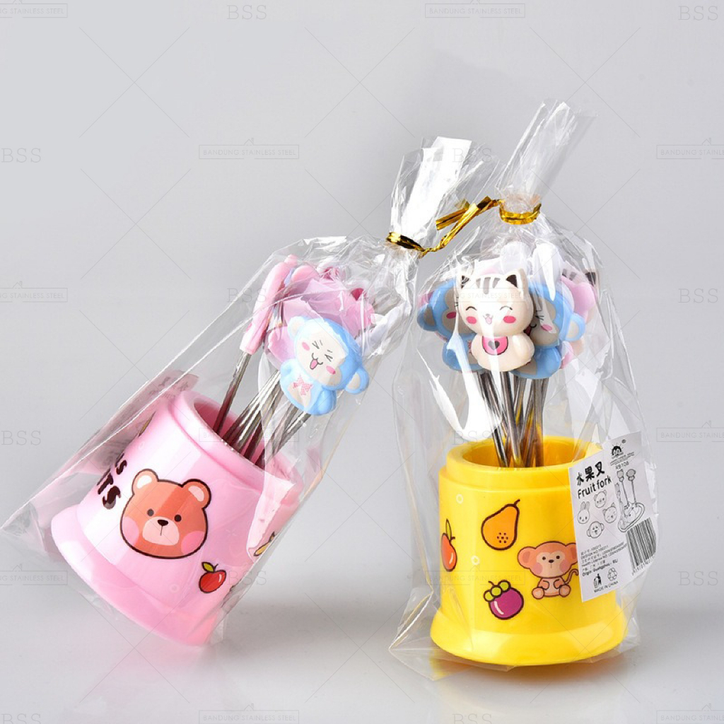 Set 8in1 Animals Fruit Fork Garpu Buah Mini Tusukan kue Dessert Bento Karakter Stainless Steel