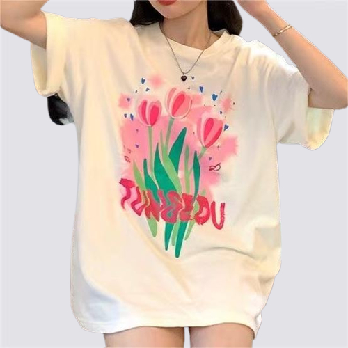 XIAOZHAINV Korean Style Tulip Pattern Washed Printing Kaos Wanita A0220