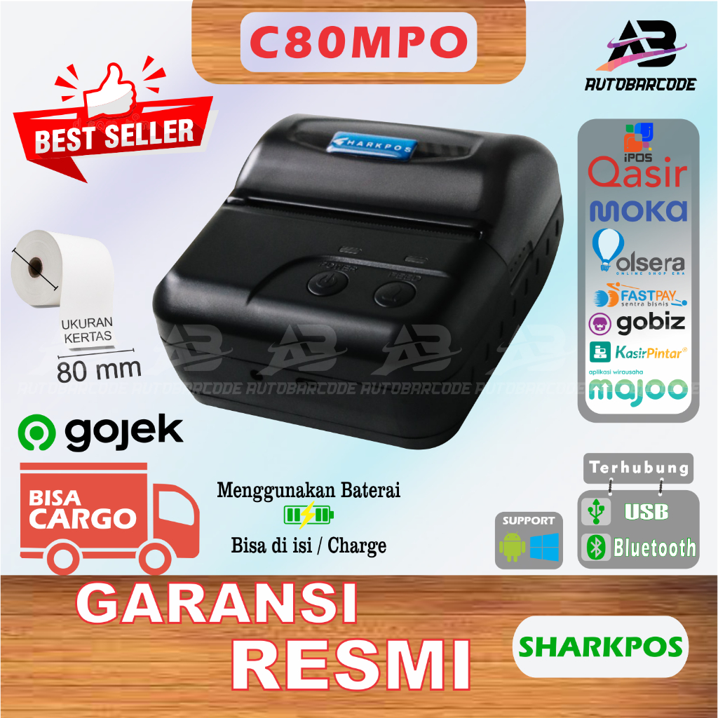 SHARKPOS C80MPO MOBILER PRINTER THERMAL BLUETOOTH 80MM C80 MPO RPP02N PRINTER BLUETOOTH PORTABLE 80x50 CETAK RESI PENGIRIMAN MARKETPLACE