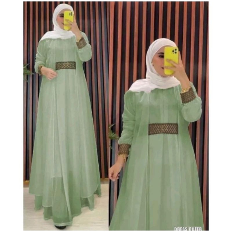 Salsa dress baju gamis wanita bahan ceruti beby doll ful puring mix Renda all size