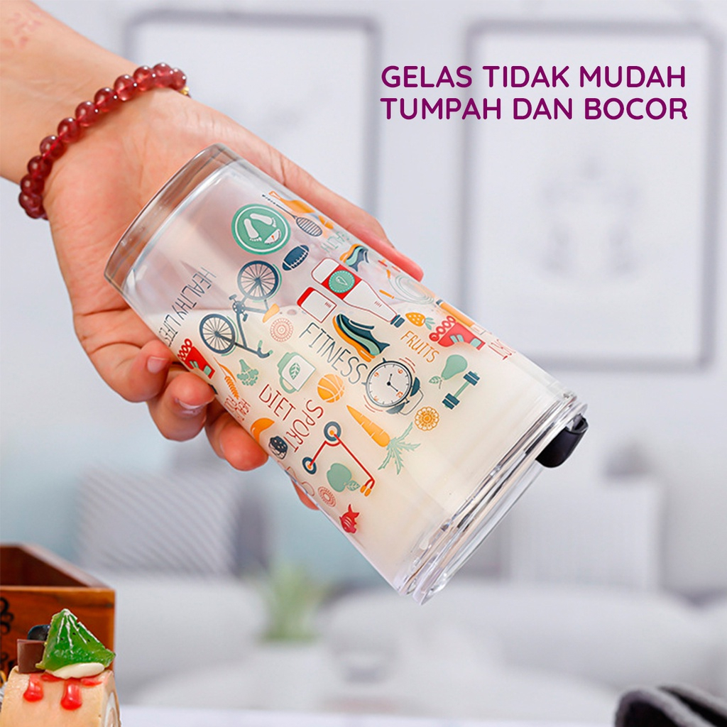 Gelas Tumblr Kaca Bening Gelas Mug Gelas Kaca dengan Tutup Anti Bocor 400ml Botol Minum Kaca Gratis Sedotan