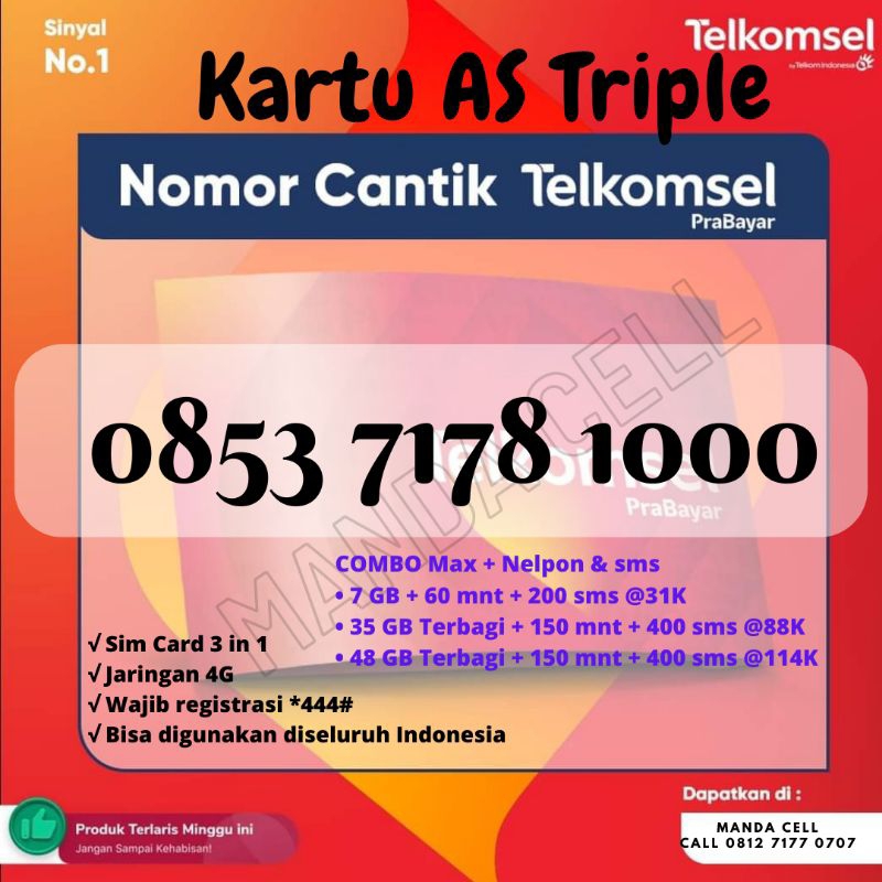 Nomor cantik Triple Ribuan 1000 Kartu AS 12 Digit 4G LTE Telkomsel Cantik COD Perdana Cantik