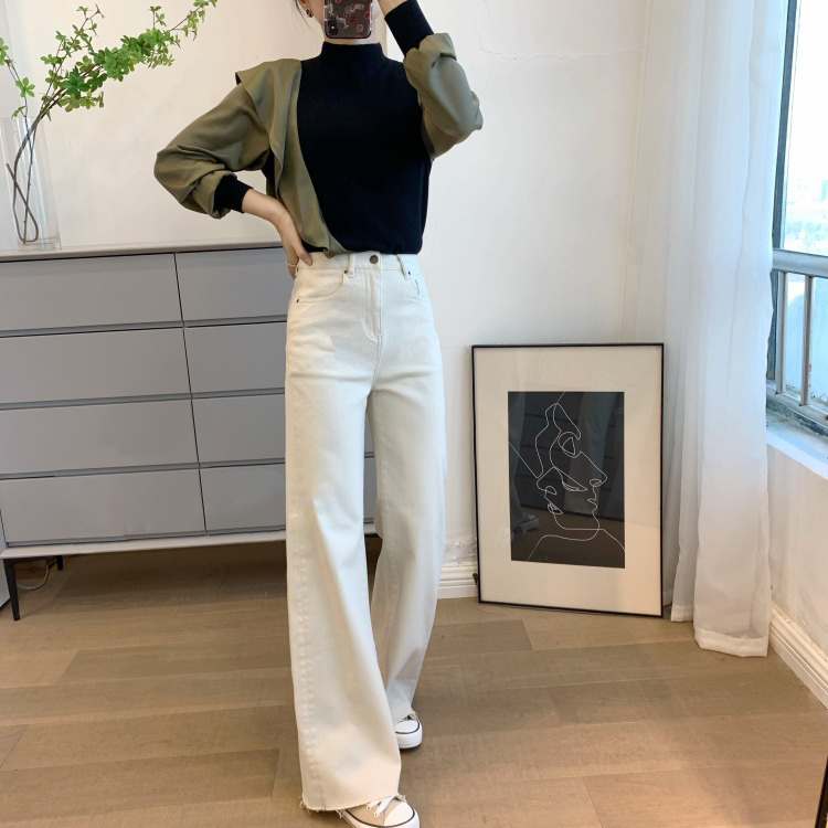 Krem Korean Highwaist Loose Celana Jeans Wanita Rawis