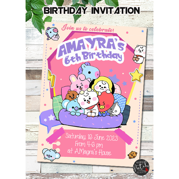 undangan ulang tahun birthday invitation tema kpop, bts, bt21