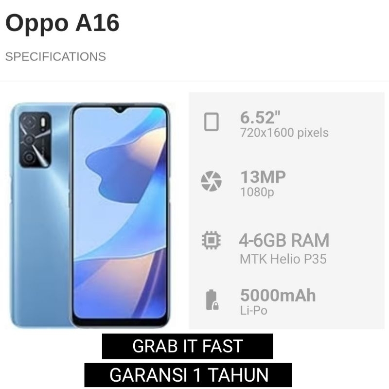 HP Oppo A16 Ram 6GB Internal 128GB (4G) LTE