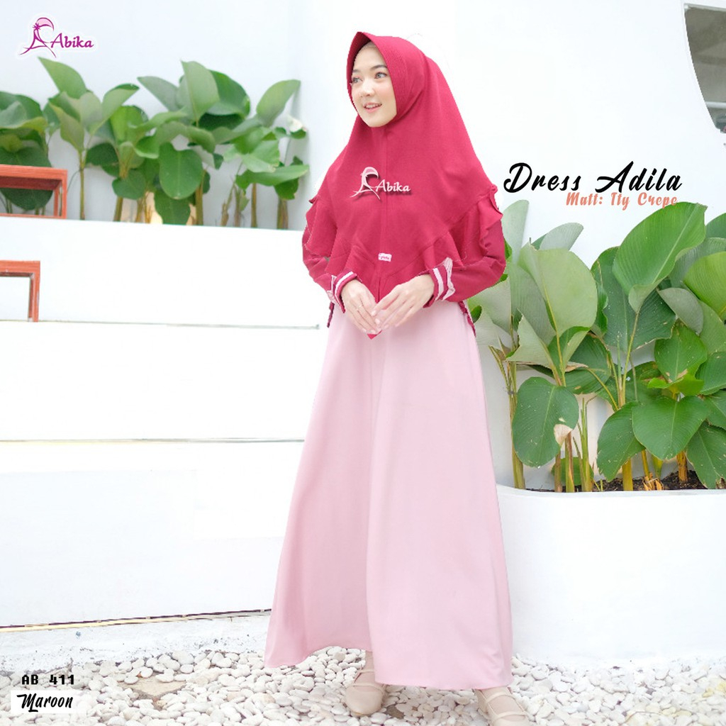 Gamis Abika Adila Set Hijab Pink Maroon L