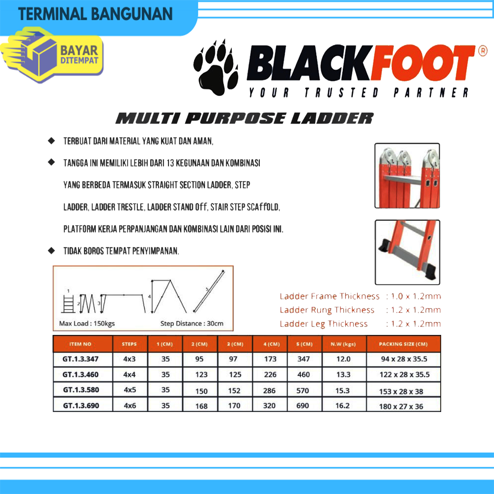 Tangga Lipat Aluminium Multipurpose Blackfoot 4X5 Tangga Alumunium