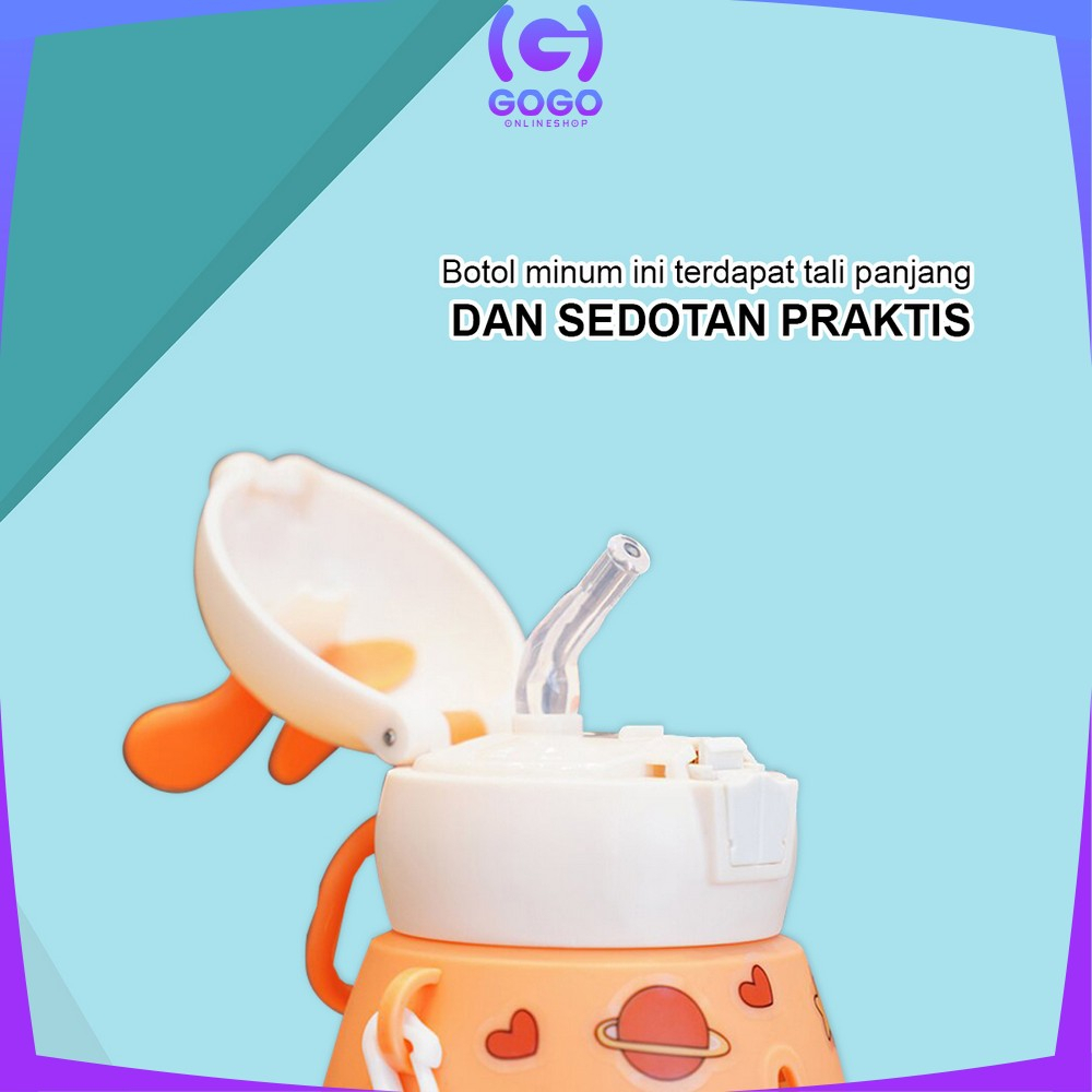 GOGO-C829 Botol Minum Anak 550ML Motif Kelinci Bunny Botol Air Minum Anak / Tempat Minum Anak dengan Sedotan Tali Panjang Anti Pecah Anti Tumpah