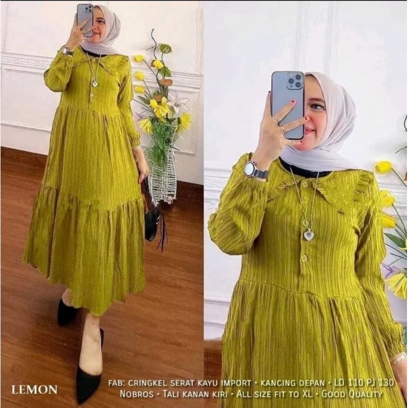Midi Dress Cringkel AirFlow Lady Crush Dres Serat Kayu Gamis Kringkel Busui Kancing Drees Kondangan 
