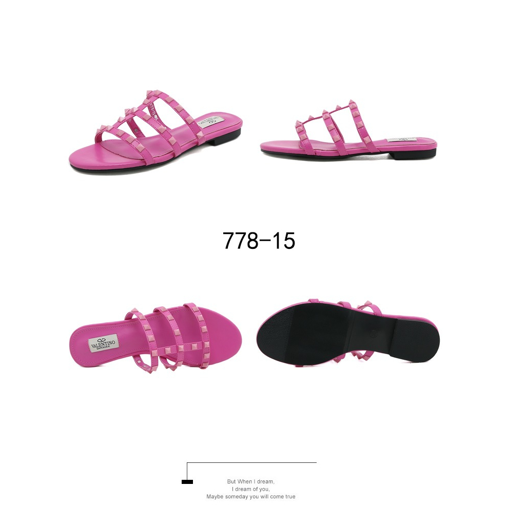 V 778-15 Leather Rockstud Flat Slides Sandals