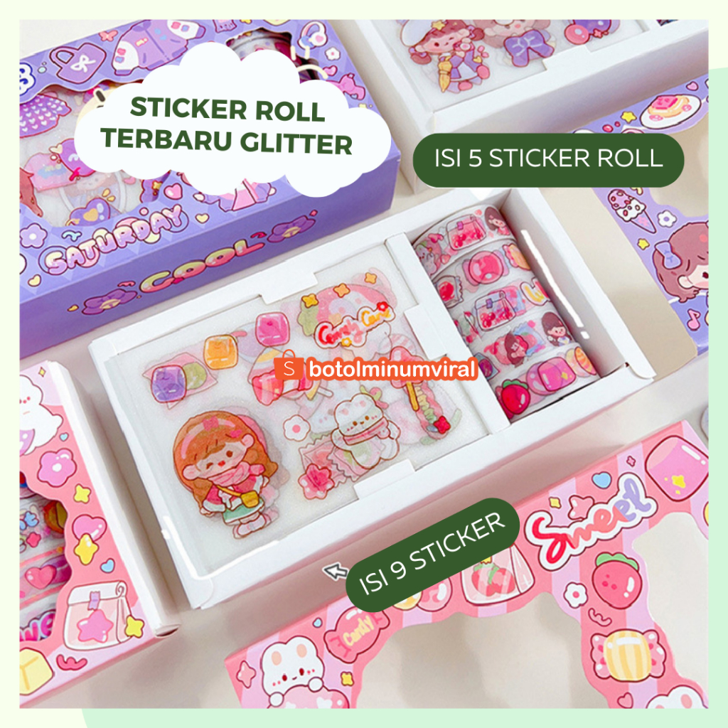 Sticker Momo Kartun Korea Lucu Set Roll Washi Tape Glitter New Viral