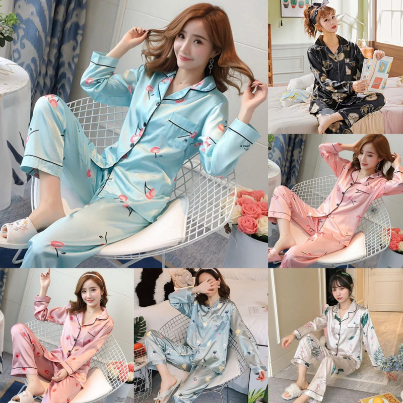 Ready Stock!!! Baju Tidur Piyama Set Bahan Satin Motif Lengan Panjang Celana Panjang / Piyama Import / Super High Quality / Baju Tidur Import / Baju Tidur Murah / Piyama Set / Baju Tidur Set