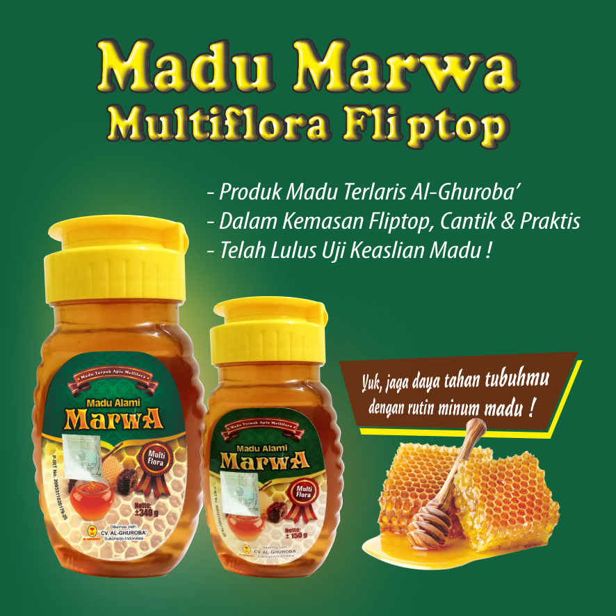 

Al-Ghuroba Madu Multiflora Marwa Asli Antibiotik, Antioksidan, Kesehatan, Fliptop 150gr