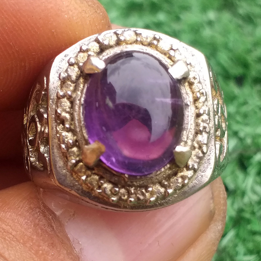Batu Natural Kecubung Tanjung Bintang Ungu Tua Bersih Ring Alpaka Ukir