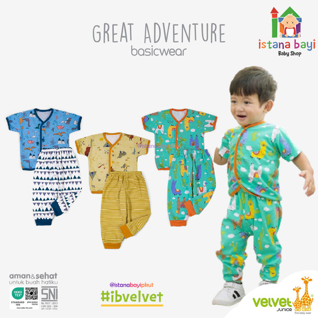 Velvet Junior GREAT ADVENTURE Setelan Baju Pendek celana panjang kancing Tengah /Velvet baju bayi/PIYAMA ANAK