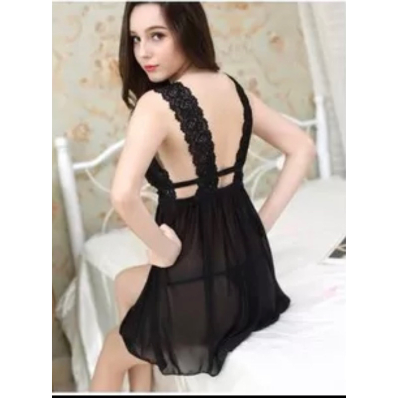 L-03  Baju Tidur Wanita Lingerie Seksi Cewek Tali Brukat Transparant Lingeri Pakaian dalam Wanita-Hitam