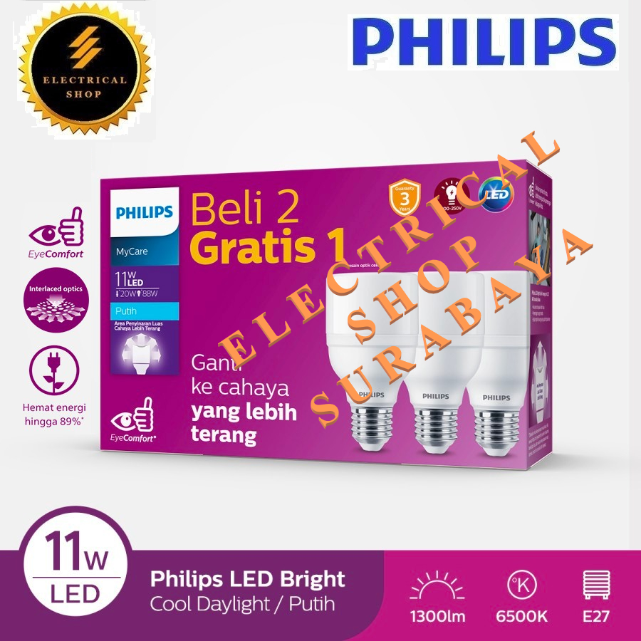 PHILIPS LAMPU LED BRIGHT MULTIPACK MYCARE 11W 11 W WATT PUTIH BUNDLING PAKET BELI 2 GRATIS 1 GROSIR ORIGINAL GARANSI