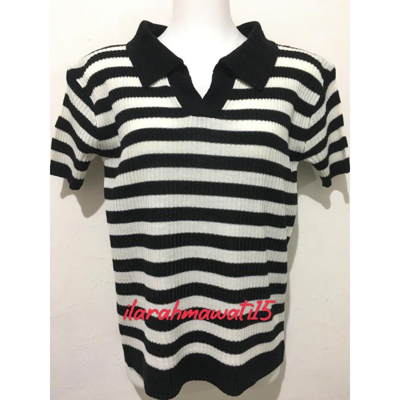 Atasan rajut kerah polo motif salur/vneck croptop blouse rajut