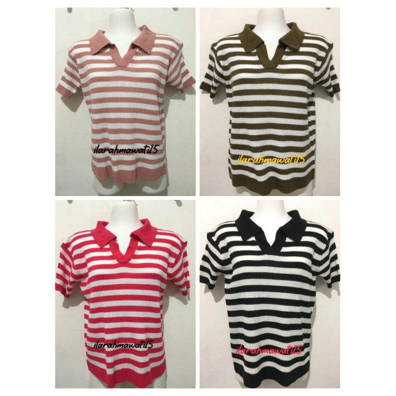 Atasan rajut kerah polo motif salur/vneck croptop blouse rajut