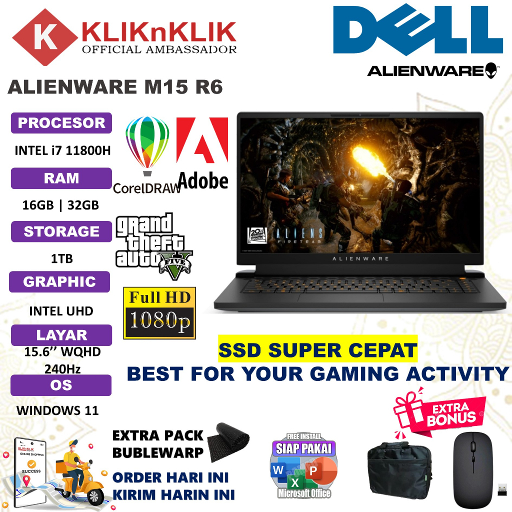 LAPTOP ALIENWARE M15 R6 INTEL CORE I7 11800H 32B 1TB SSD INTEL HD GRAPHICS WQHD 240HZ WINDOWS 11 BLACK TERLARIS