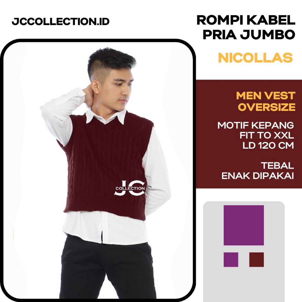 Rompi Pria Rajut Motif Kabel L-XL Vneck Knitting Nickko / Cable Vest - JCCollections