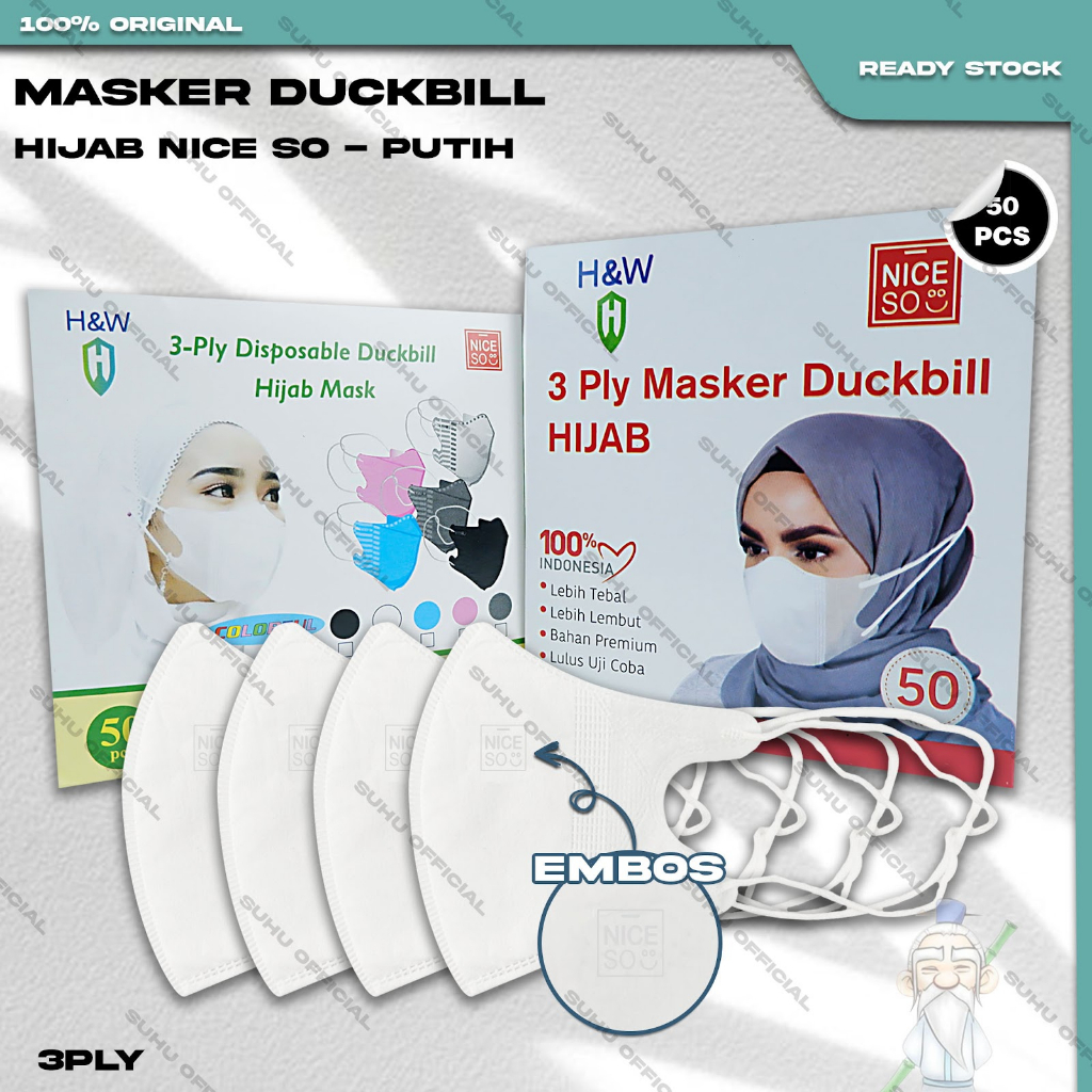 ❤️ SUHU ❤️ Masker Duckbil Hijab isi 50Pcs Warna Putih Hitam Abu Warna Duckbill Headloop Surgical Mask Kemenkes