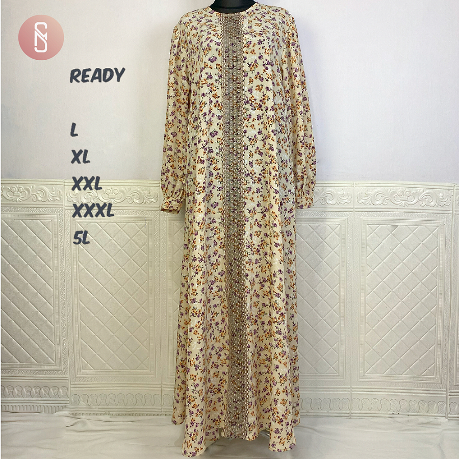 Myshawl Halima Gamis Brukat Crinkle Jumbo Big Size Uk M XL XXL XXXL 5L LD 94 100 110 120 130 140-Cream