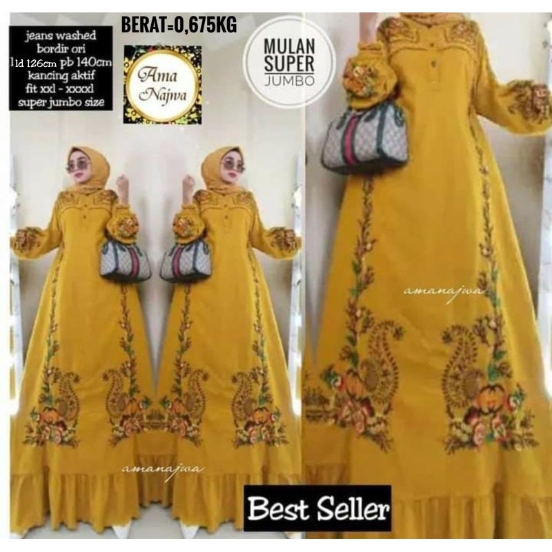 Mulan Dress Maxy Gamis Polos Kuning Mustard Jeans Bordir Bunga Ld 126 Fit XXXL By Amj