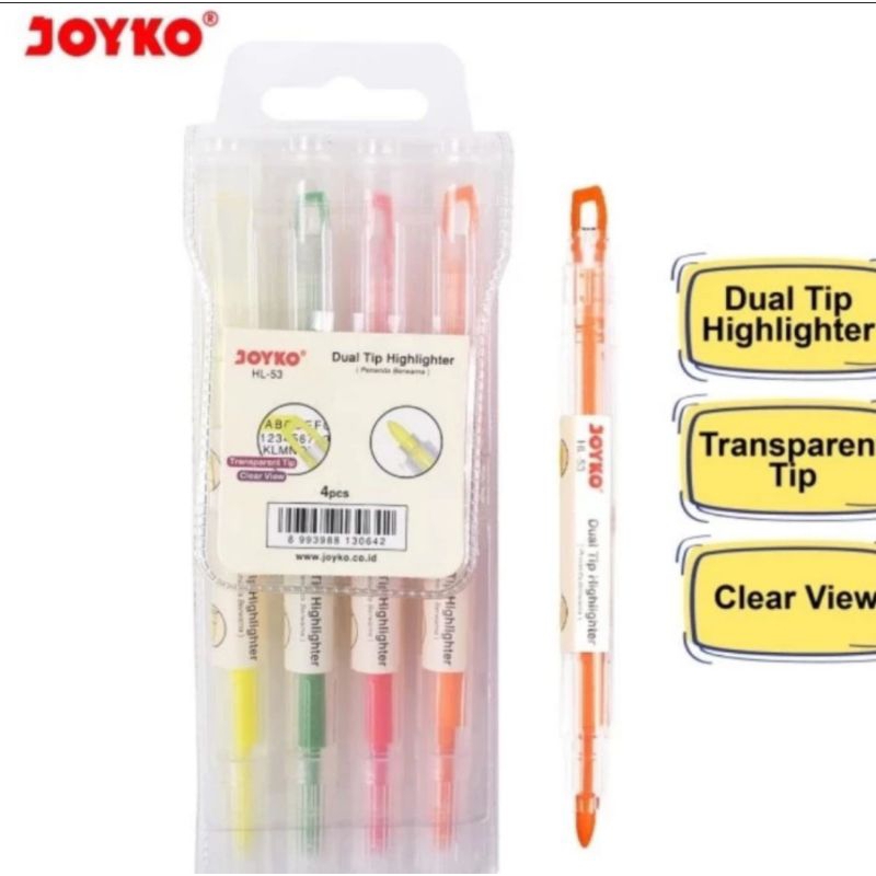 

Dual Tip Highlighter Penanda Berwarna Joyko HL-53 1 Set 4 Pcs 4 Warna