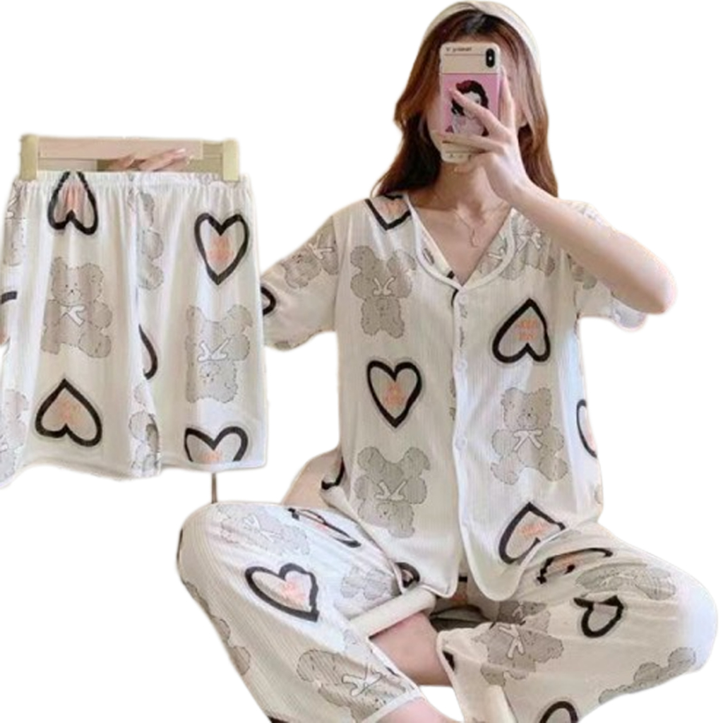 BAJU TIDUR WANITA SET [M-XXL]  LENGAN PENDEK CELANA PANJANG PIYAMA WANITA IMPOR