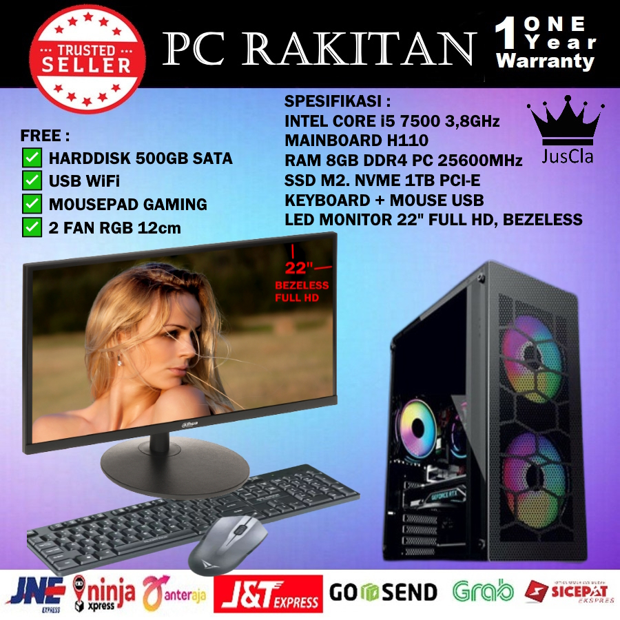 MONITOR 24&quot;+ INTEL CORE i5-7500 3,8GHz PC KOMPUTER|RAM 8GB|NVME 1TB|KEY+MOUSE|USB WiFi, PC Komputer Rakitan, PC Desain/Admin/Office Baru Bergaransi 1 Tahun