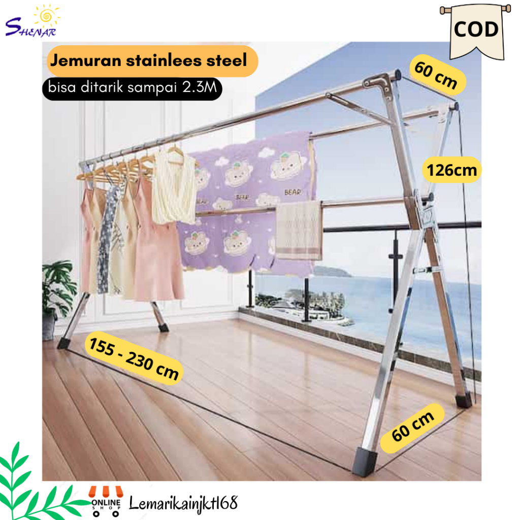 SHENAR jemuran Lipat Tekuk Stainless Steel | jemuran baju stainless steel | jemuran ukuran 155 to 230cm| Minimalis Hanger|jemuran stainlees steel bisa di panjangkan