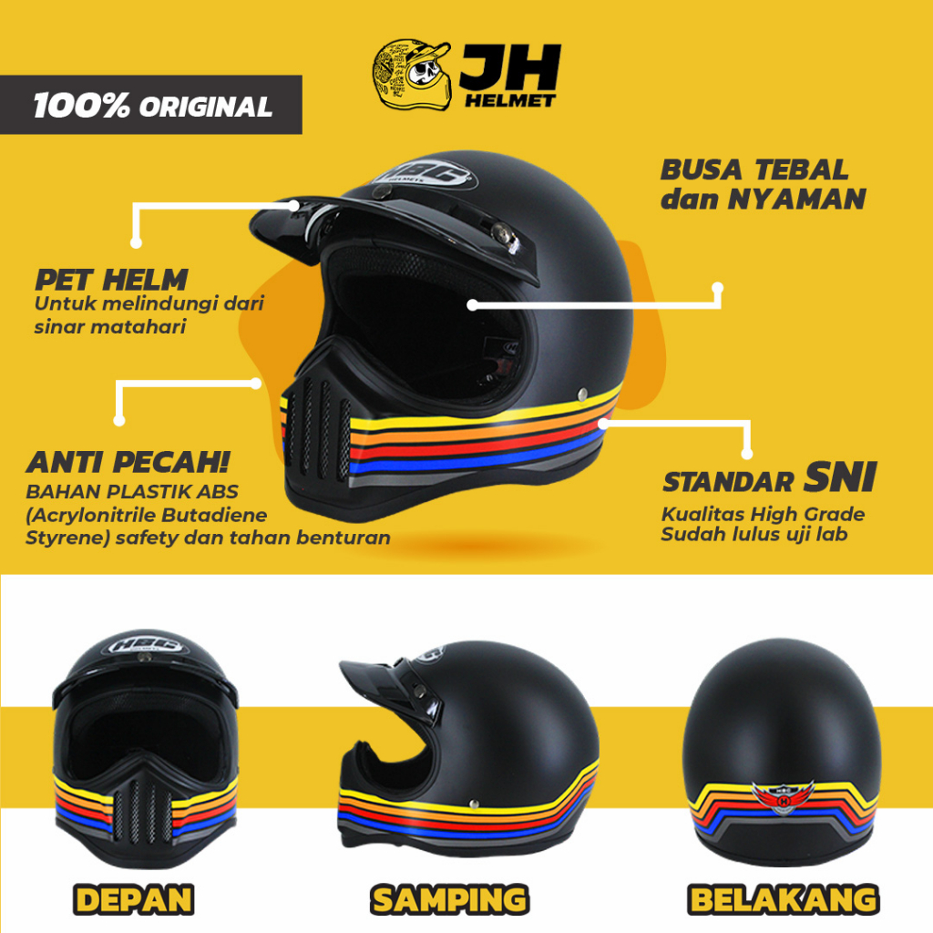 Helm Cakil HBC Strip Black Doff + FREE GOGGLE | Retro Full Face | JUAL HELM