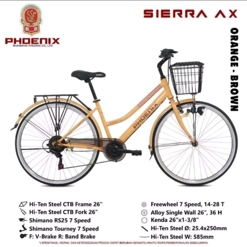 SEPEDA PEREMPUAN DEWASA MINI 26 INCH PHOENIX SIERRA AX OPERAN SHIMANO 7 SPEED KERANJANG CITYBIKE REM